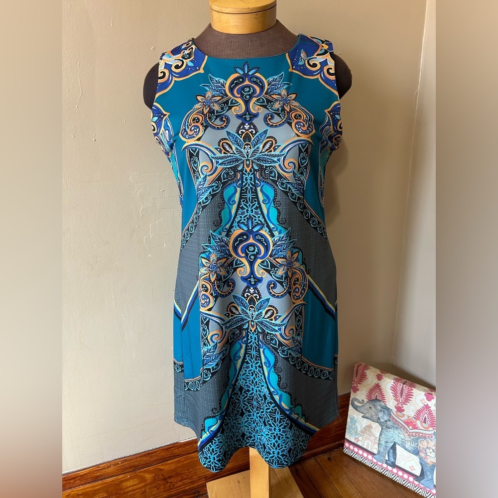 New Aryeh Dress Tunic Top Two Sided‎ Print  Paisley Blue Sleeveless Sheath L